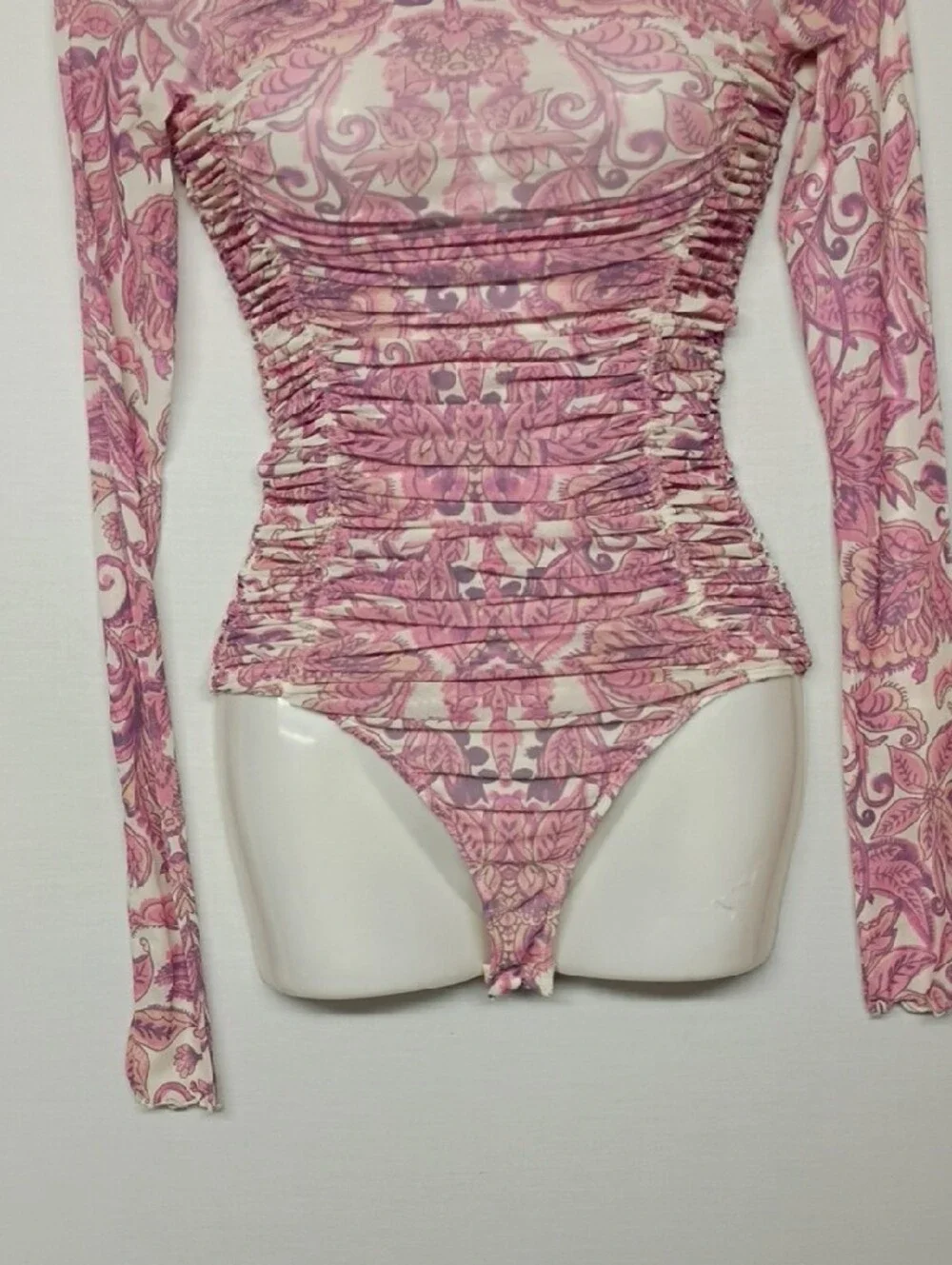 Free People Pink Paisley Ruched SHEER  Turtleneck Bodysuit